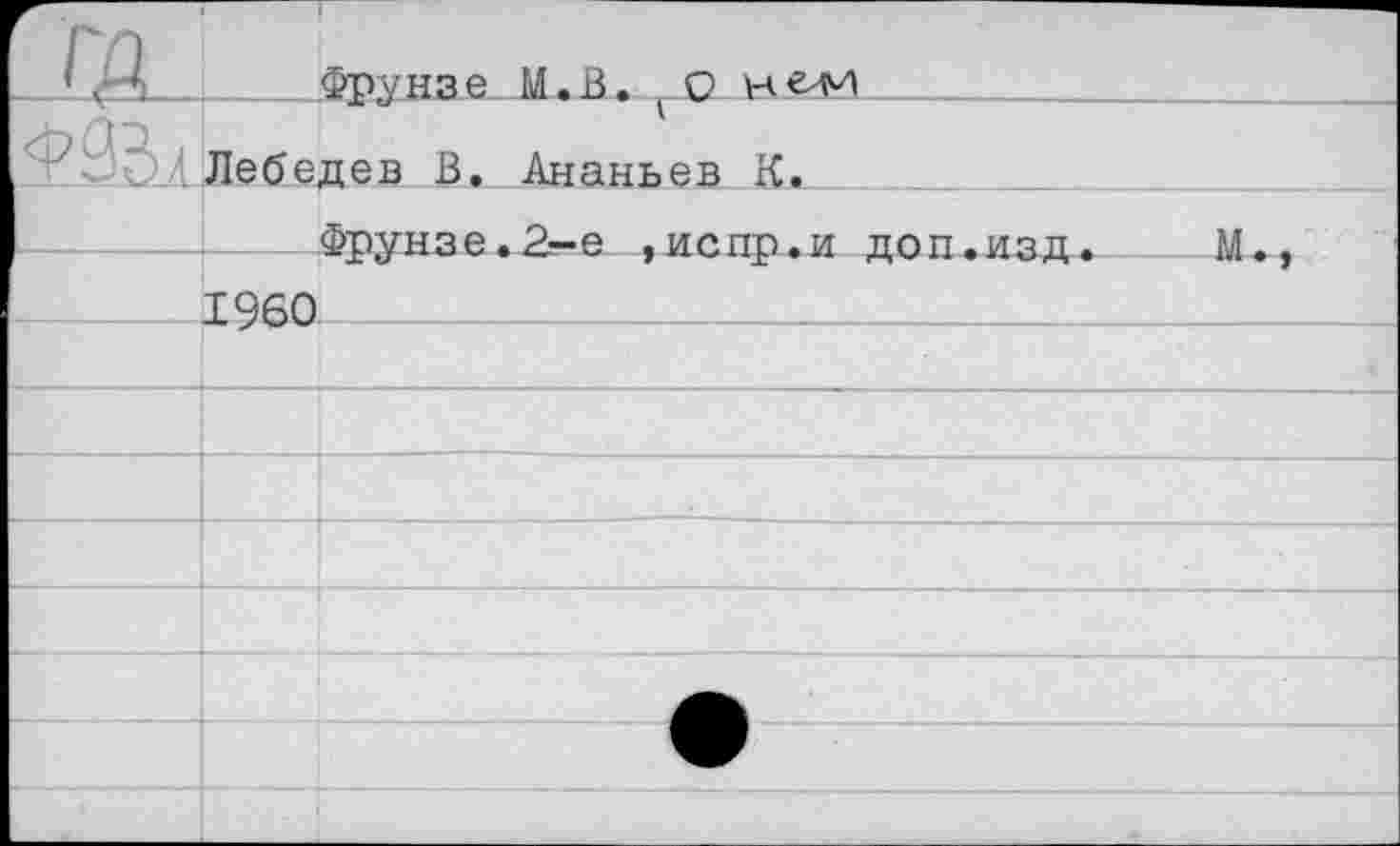 ﻿	Фрунзе М.В. 0
<ЙВ1	Лебедев В. Ананьев К.
	Фрунзе,2-е .испр.и доп.изд.	М..
	1960
	
	
	*
	
	
	
	
	